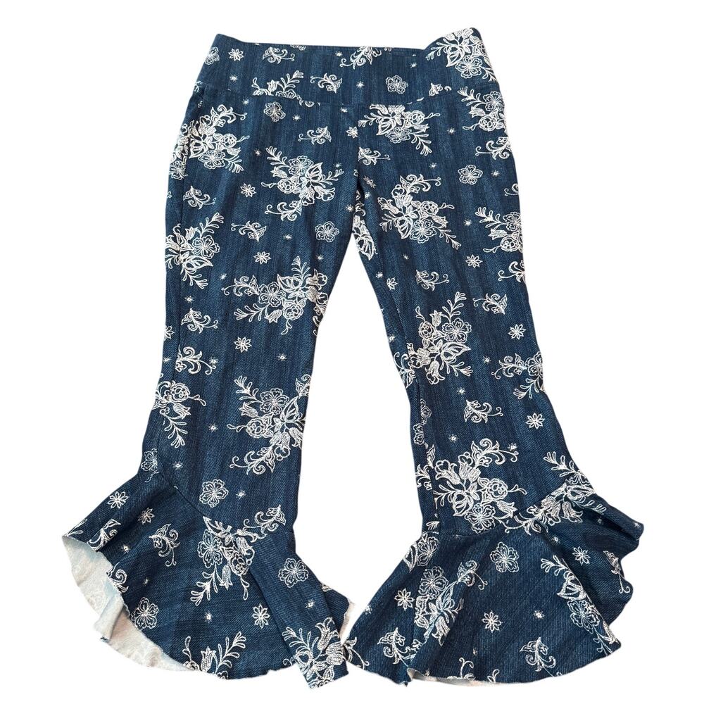Slim Factor by Investments Cropped Flare Pants Large Floral Boho Ruffled Hem